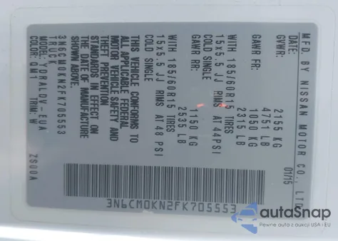 2015 Nissan Nv200 S z USA, uszkodzony, nr VIN 3N6CM0KN2FK705553